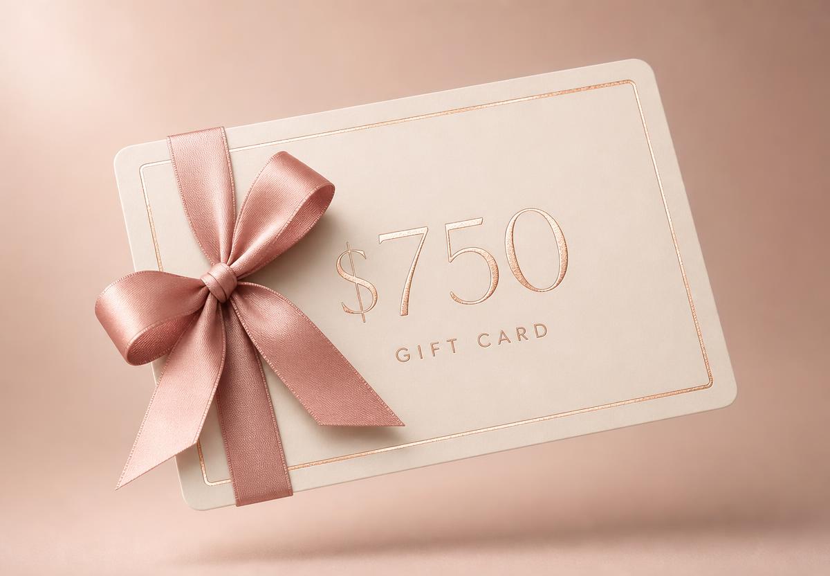 A cream gift card with a rose ribbon showing a $750 value